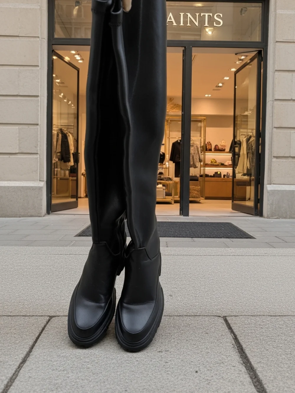 AllSaints Leona Black Leathee Over-The-Knee Lug-Sole Boots SZ 8